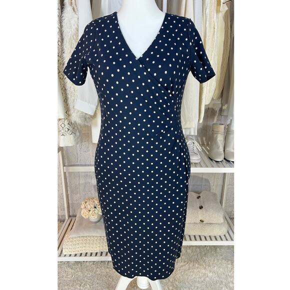 Lands' End Dresses & Skirts - Land's End Women's Size 12 Stretch Faux Wrap Navy Polka Dot Sheath Dress #0262